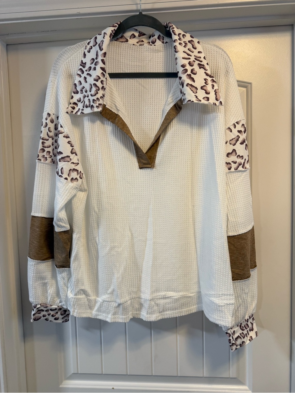 Waffle Knit Pullover with Leopard Trim